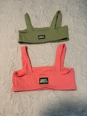2 pairs Daily Drills Olive and Coral Pink Bras  Sz  M